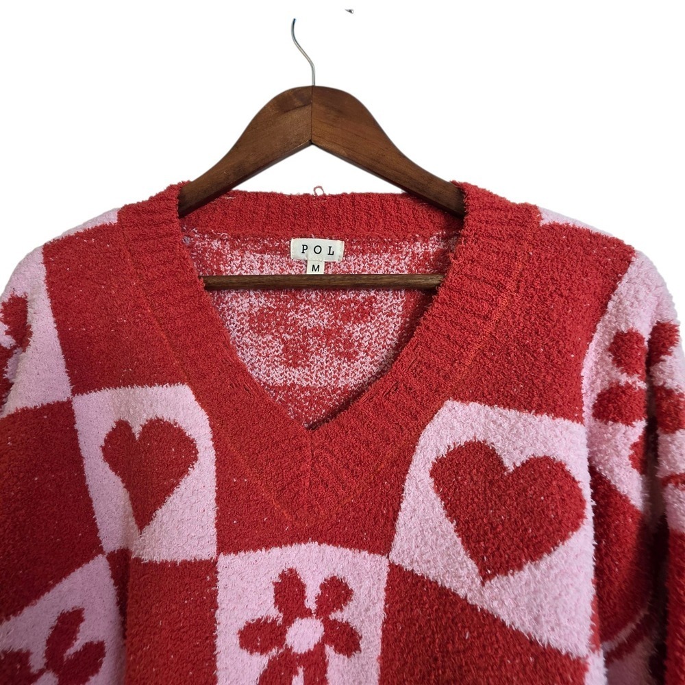 POL Heart & Floral Checkered V-Neck Sweater Medium Coquette - Picture 3 of 14